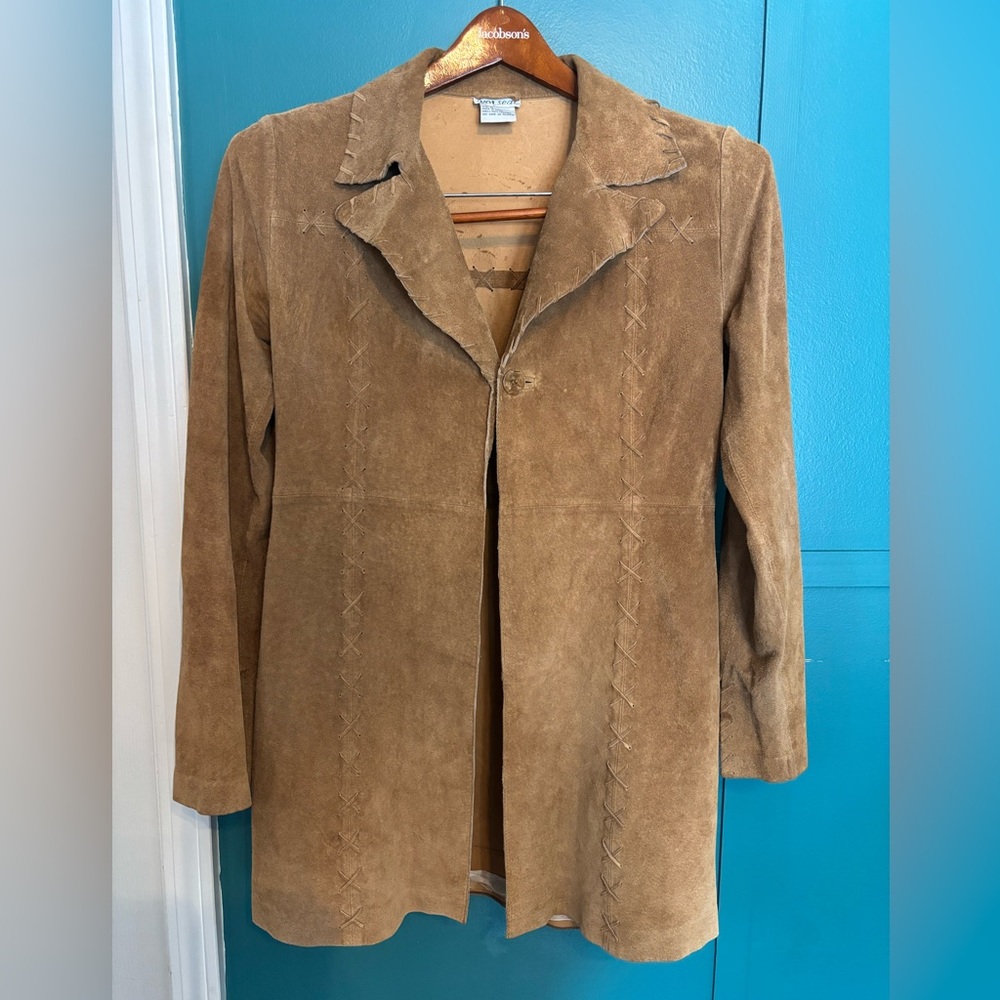 Vintage Y2K Wet Seal Leather Trench Coat Women' Brown Suede Fringe Boho Western